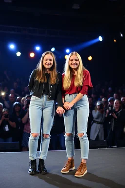 Norwegian Identical teenage twins celebrites, same sex gender standing on a stage with holding their hands, lot of photographers, flashing lights, identical twins with same sex gender
