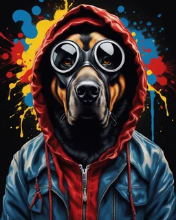 Vibrant and dynamic masterpiece with fluid patterns forming a killer dog wearing a hood and a gas mask, its eyes are intense. Bright colors of red, blue and a touch of yellow, creating a fascinating effect. The black background creates a strong contrast, making the colors stand out even more., Banksy style, concept art, dark fantasy, vibrant, painting, portrait photography