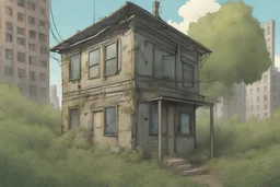 house, electrical box, overgrown, post-apocalyptic, comic book, city background