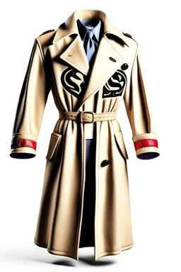 Superman's Aldo Conti trenchcoat Winter elegant inspired by Superman's emblem design beige tones with dual color on a white background, product catalog photography, soft spot lighting, depth of field, 4k –ar 3:5 –q 2