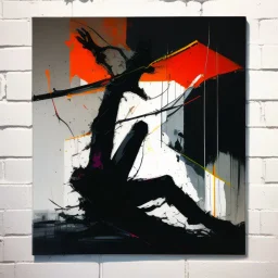 Minimal abstract oil painting of a falling person limbs sinew twisted .triadic colour. Amongst concrete fragments brutalist architecture and hanging wires illuminated at night. In the style of Justin Mortimer and Phil Hale and Ashley Wood