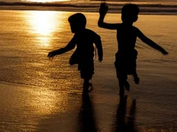 children playing on the Indian beach capture them against the sun and make an art silhouette, hyper details, real sharp, 8k, well detailed, well shaped