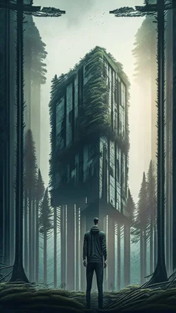 man standing in forest landscape looking at huge building