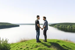 An image of two people exchanging criticism in a constructive and respectful manner, standing on a hill with a lake behind them