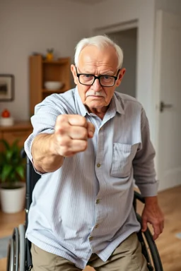Portrait of poor angry caucasian very old senior man wearing eyeglasses and showing big fist standing at home indoor, Older Adults and Their Anger Issues, wheelchair