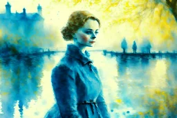 closeup of a Budapest sunshine beautiful oil painting kitten businesswoman van gogh style in blue dress on a misty morning. over a misty pond in the hieght of fall. Watercolour by Alison Brady. Pastel colours S<AI in sunshine, ethereal, otherwordly, cinematic postprocessing