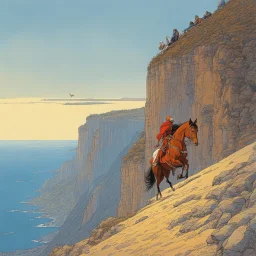 [art by Moebius] But the prey suddenly disappeared at the edge of a cliff. Roupinho and his horse were racing toward the 100-foot precipice and sudden death. In a true Hail Mary fashion, the knight begged for help from the Virgin Madonna of Nazaré, At the moment before catatrophe (as legend has it) the blessed Mary made the horse turn away just before hurtling over the abyss. To Roupinho it appeared to be a supernatural occurnce that saved his life. (Later some claimed it was the devil, disgui