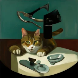 a cat and human flesh-like surgical instruments and universe-like a pigeon and neuralink, surrealism,minimalism,Painting By Adrian Ghenie, Rene Magritte, Salvador Dali, Lucian Freud