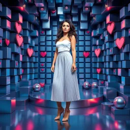 make a picture pretty stage made of metallic blue-gray teme 3d recursive cubic and sphere and heart simbols base structures and a beautiful fashion model lady standing with cute in scene with sexy top and pretty pleated midi skirt ,makeup curvy long hair,dynamic camera zoom to full body and pan, dynamic lights.