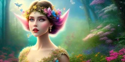 bright fairy, beautiful portrait, flowery landscape