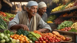 elderly male market trader selling many different types of vegetable, showing his head and upper body, perfect eyes, perfect anatomy, exquisite composition, beautiful detailed intricate detailed octane render, 8k artistic photography, photorealistic, soft natural volumetric cinematic perfect light, chiaroscuro, award-winning photograph, masterpiece, raphael, caravaggio, bouguereau