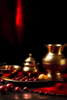 Arabian coffee with golden dallah on a dark red background, A still life of Arabic traditional coffee pot or Dallah of ramadan served with saudi sweet dates.