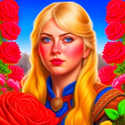 Blue eyed traditional blonde Viking woman art with nature and roses in the background