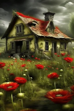 A cottage surrounded with poppies growing out of a zombie