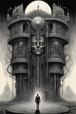 A charge building with a Indian fathers on and with computer chips and a smoke in the background dark a thin line draw ، front view camera, decayed and proportions and imagery. surreal chorror, biomechanical design, by hr giger and beksinski , fine lines draw