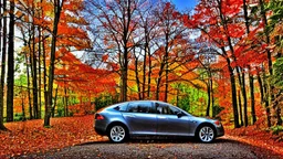 A Tesla's 'Model S Plaid' is parked, in the 'Great Smoky Mountains' National Park, in Tennessee. CINEMATIC. WIDE ANGLE LENS. PHOTO REAL.