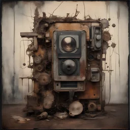 Memories by M.W. Kaluta, Bastien Lecouffe-Deharme, Vladimir Gorsky, surreal, intricately detailed, vintage Polaroid, painting, modern, abstract, Russell Mills, Hermann Nitsch, decay, caustic metal and wood, acid burn, abstract, textured, scratched, rust, found objects, Robert Rauschenberg, Severine Pineaux, Otto Dix, Arnulf Rainer, surreal hallucinatory, by Nathan Wirth, Francesca Woodman, Andy Warhol, Claude Cahun, Paolo Roversi, H. R. Giger, Arthur Tress, Adolf Hirémy-Hirschl, surreal hallucin