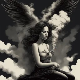 woman sitting forward Her face upward and blows cigarette smoke from their mouth upward. a figure with wings emerging from its back. behind the clouds of smoke look death. dark and mysterious