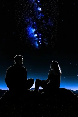 black background on a mountaintop with two silhouettes of a fit man and a silhouette of fit woman sitting close to each other, almost touching and looking at the stars