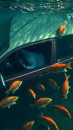 A car with a dead driver under the water a fishs are swimming around the dead body in the car