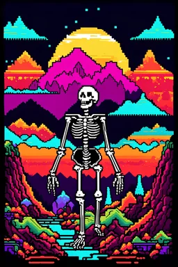 retro arcade style {skeleton in caucuses mountains} . 8-bit, pixelated, vibrant, classic video game, old school gaming, reminiscent of 80s and 90s arcade games