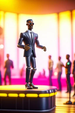 60s cute punk wesley snipes chat robot with suit and tie and rollerskates,on podium at festival, its such a perfect day, motion blur, smoke, 8k, downlight, soft light, depth of field, photorealism, trending on art station, some detail