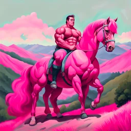 a big muscle man sitting on a pink horse in hills .like 19th painting