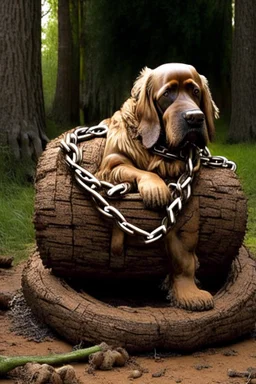 Backyard dog chain attached to a giant log made of feces