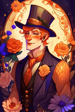 A redheaded man with purple eyes, orange shoulder-length spiked hair, a black bowler hat, and a fanciful medieval outfit with striped pants. Adorned with purple flowers and gold accents, he has light skin, a big bow on his chest. Drawn in a Tumblr style. He is middle-aged and has wrinkles.