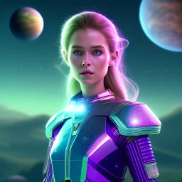 A portrait of a transparent crystalline girl,smiling, longs blond hairs, green eyes, galactic dress, atmospheric, realistic, cinematic lighting, octane render, purple and blue sky, nebula, stars, planets in background, spaceship in background