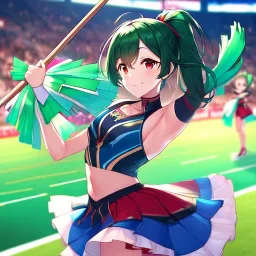 Clear focus,High resolution,High quality, Dark Green Ponytail hair, Red eyes, Cheerleading