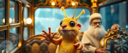 close up portrait of hairy fluffy polymer clay cute happy excited gesticulating alien monster banana slug squirrel with realistic human colored and textured skin, and long sleek limbs and with studio lights, on a luxury ornate neon buss with strange graphitti and tatooes, talking to a wise man, buss is full of smoke, and bright beams from the sky