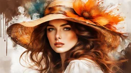 Vintage art, brown and orange shades, sunny day, straw hat for woman, summer dress, splashes of art, in the style of Dante Gabriel Rossetti, Yossi Kotler, Camilla D'Errico, masterpiece, fine art in the style of Carne Griffiths, Paula Hoppe
