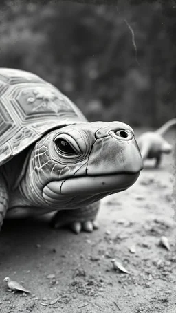 An old picture style of black and white mono very bad quality looks very old camera picture a cracked turtle Face ,the year 1900 in the background from a distance dinosaurs