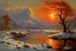 Amazing wonderful sunset, ice, cosmic fantasy winter, epic, vegetations, mountains, sci-fi movies influence, pieter franciscus dierckx, and charles leickert impressionism paintings