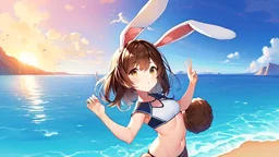 Girl, brown rabbit ears , brown rabbit tail, brown hair, open navel, sea and mountain, morning.