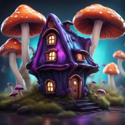 A funny floating mushroom house in space. neutral colors, black blue purple, Detailed gloss Painting, rich color, fantastical, intricate detail, splash screen, hyperdetailed, insane depth, concept art, 8k resolution, trending on Artstation, Unreal Engine 5, color depth, dynamic lighting, splash art, dramatic, masterpiece, excellent quality beautiful Imaginative, unique,