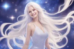 very beautiful cosmic women with white long hair, smiling, with cosmic dress and in the background there is a bautiful sky with stars and light beam