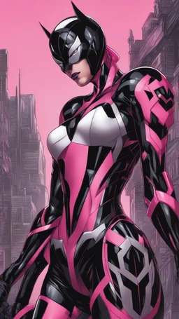 A close picture to Mix between gwenpool and symbiote, symbiote venom with transformers, high details machine, pink and black custom, intricate details, highly detailedin in solo leveling shadow art style