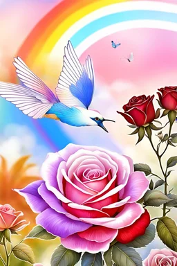 Trés belles roses, rainbows, beautiful colors gardens , flowers, cascades,Birds, butterfly