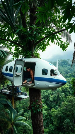 In airplane crashed on a top of tree in the jungle the door of the plane is gone and green leaves surrounding the top of the plane and a man is dead inside the plane you can see him from the broken plane door a far camera view to show the whole plane on the tree