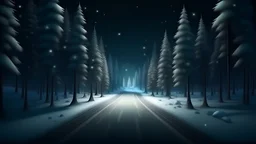 road in a snow magic fir forest backdrop 3D hyper realistic in the night central prospective, deep immage