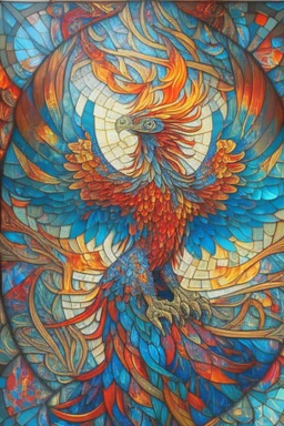 An intricate, stained-glass inspired mosaic depictingn a majestic phoenix, using vibrant hues of red, orange, and yellow ,blue andgreen to emphasize its fiery nature, surrounded by an elegant pattern of swirling flames and intricate glasswork.