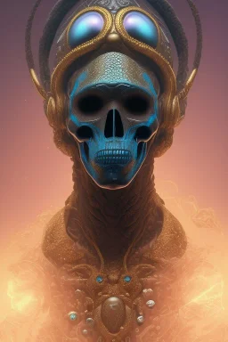 black male African alien, cracks in the voodoo head, wicked, diamond eyes, crown, blood, 8k, finely detailed, photo realistic, Boris Vallejo style turquoise skull head gold dragon space alien rain skeleton gold tooth silver helmet silver space suit spaceships