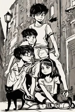 three teenage street children two boys and one girl in book-cover poses on the screen of an old town plus a black cat as a compagnion, comic style