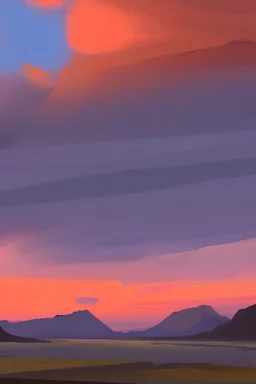 basic paint of big rock mountains with and orange dawn sky with no clouds close montains