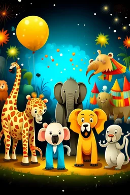 new year celebration fireworls family animals, elephant, bees, lion, bear, giraffe, tiger, peacock, panda