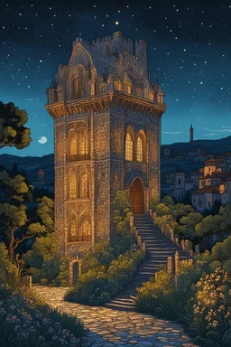 museum quality color woodcut landscape of a fanciful medieval Italian tower house with highly detailed stonework in 10th century Florence on a blissful summer moonlit night, in the style of Gustave Baumann, with a fine art aesthetic, highly detailed, finely cut ,8k render, soft early summer colors