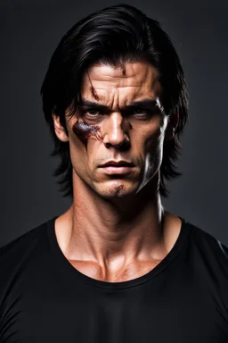 35 year old muscular evil male with medium length dark hair. scarred face. scowling expression, wearing a black teeshirt