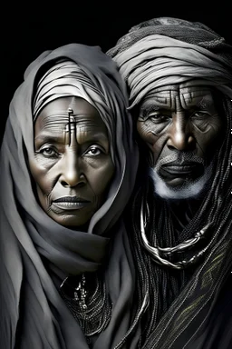 a photo of an Tuareg man and woman with ethnic jewelry, grey hair and grey flowing robe, in style of Annie Leibovitz, contemporary portrait of a mature yet beautiful and modernist, black and grey, detailed face, swirling fluid smokey enigma, award-winning artwork